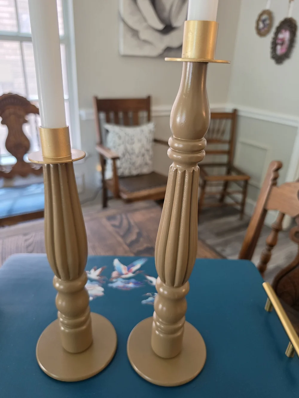 Set of 2 Wood Taper Candle Holder Candlesticks Taupe Brown Gold Accents Painted